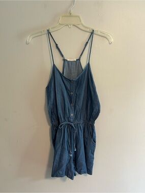 PP la xs Denim Button-Front spaghetti strap shorts Romper with pockets